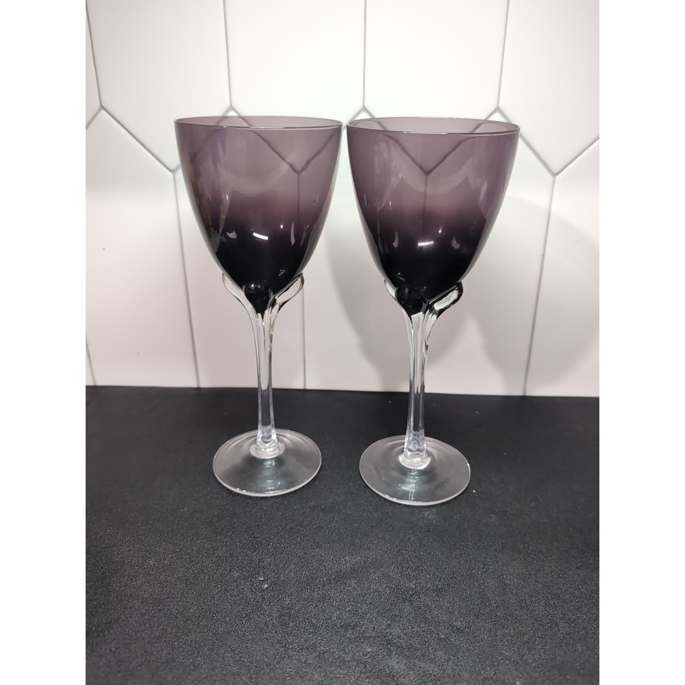 Murano Amethyst Tulip Base Wine Goblet Set, 9.5" Hand Crafted Glasses, Set of 2